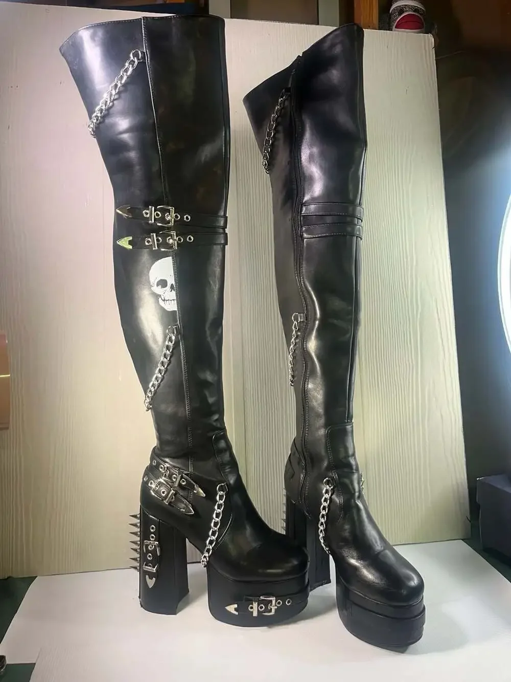 Lamoda Scream Platform Thigh High Boots with Chains and Studs